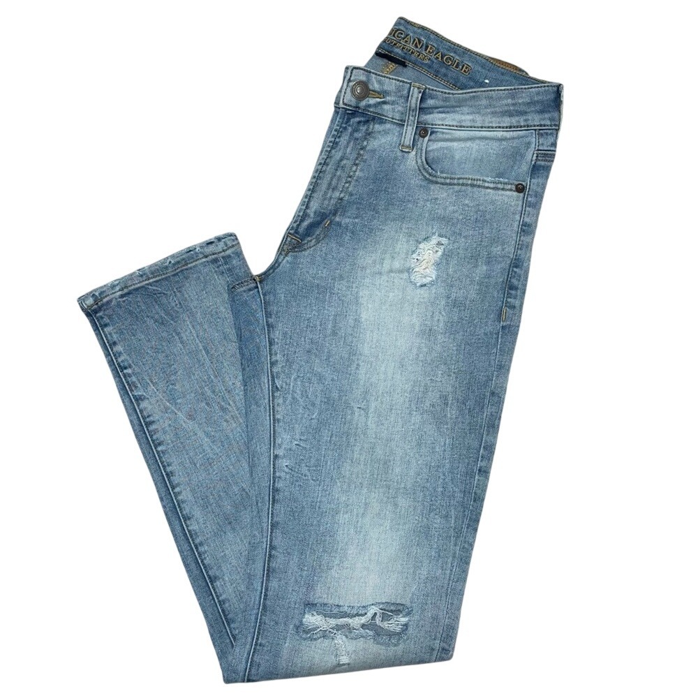 American Eagle Slim Straight Distressed Light Wash Blue Denim Jeans Mens